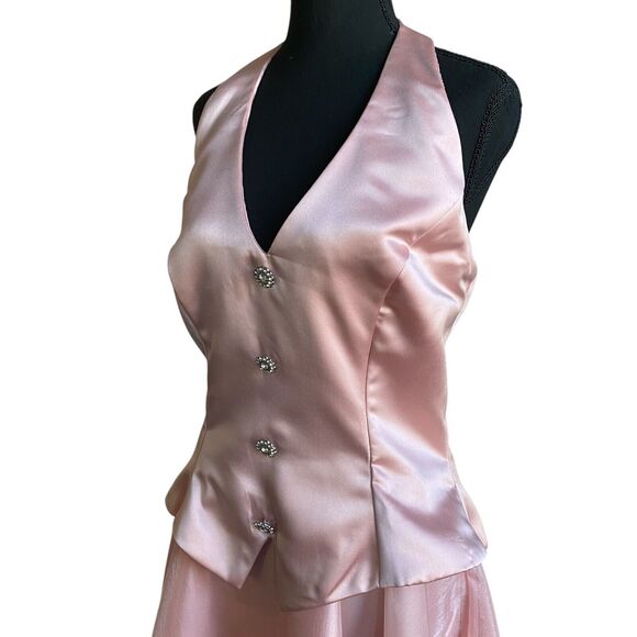 Dave and Johnny Cocktail Mini Dress L Tuxedo Pink Satin Rhinestones Burlesque - Picture 3 of 15